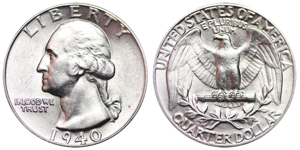 1940 Washington quarter obverse and reverse showing Washington portrait and eagle design