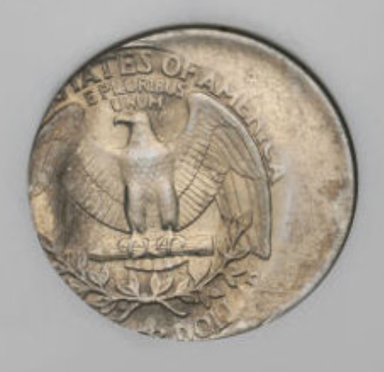 1940 Washington quarter off-center strike error showing partial design and blank planchet crescent